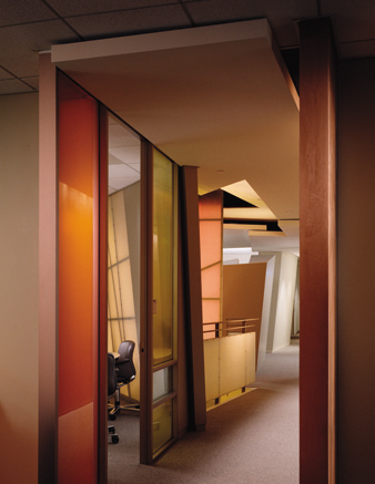 Main Corridor to Fire Quadrant, View of Conference Room and Opening to Floor Below