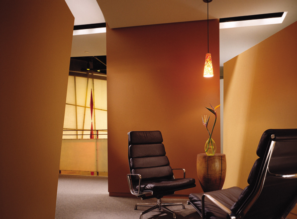 Informal Semi-Enclosed Meeting Area in Fire Quadrant, View of Floor Opening With Suspended 'Flame' Sculpture