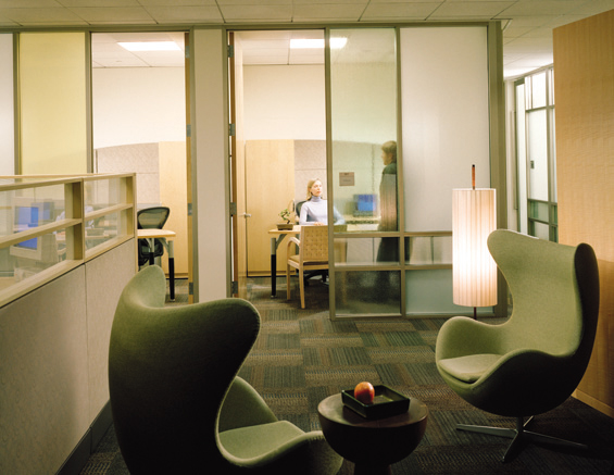 Earth Work Area Quadrant, View of Informal Meeting Area, Workstations and Private Offices